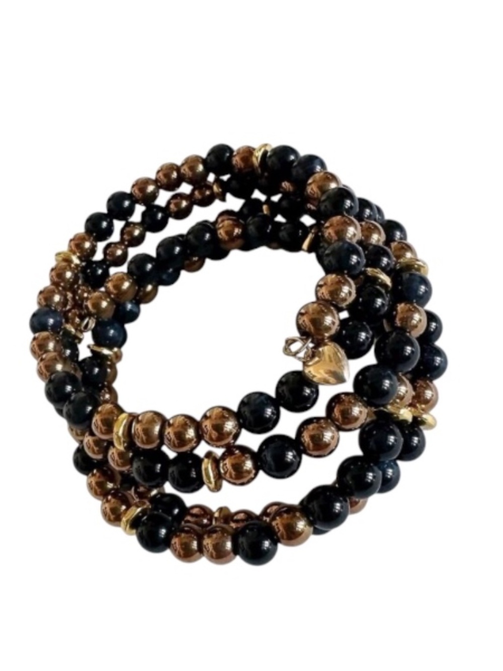 Classic Navy Tiger Eye & Hematite Wire Wrap Bracelet Gold Heart Charm